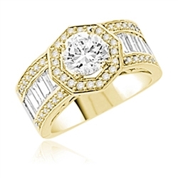 Diamond Essence Designer Ring with 1.50 Cts. Round Brilliant Center, Accompanied By Baguettes and Melee on side, 4 Cts.T.W. In 14K Gold Vermeil.