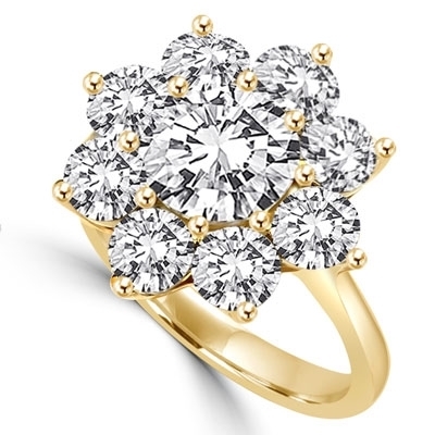 Diamond Essence Floral Design Ring with 2 Cts. Round Brilliant Center and 0.30 Ct. Each In Surrounding, 4.40 Cts.T.W. In 14K Gold Vermeil.