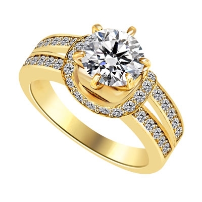 Engagement Ring- 1.75 Cts. Tiffany set Round Brilliant Diamond Essence in center enhanced by melee in curvd setting and two rows of melee on each side, adding more sparkles. 2.25 Cts T.W. set in 14K Gold Vermeil.