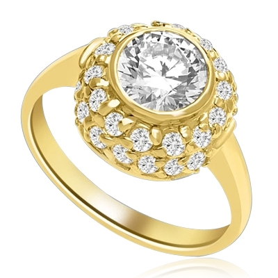 Bezel Set Round Stone sits atop a thumping display of clustered melee on wide high band. - 4 cts t.w. in 14k Gold Vermeil.