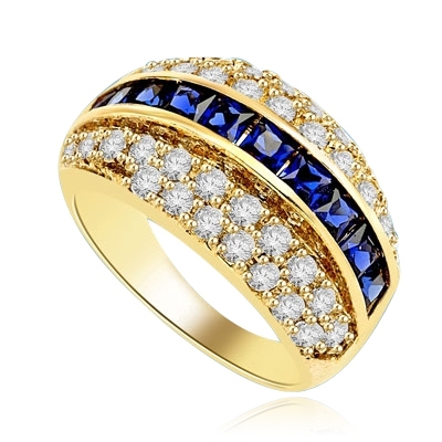 Diamond and Sapphire Ring - Impressive ring, one row of 2.0 Cts. Princess Cut Sapphire Essence stones in center with two rows of melee on each side. 2.50 Cts.T.W. set in 14K Gold Vermeil.