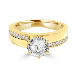Diamond Essence Ring with 2.0ct. Round brilliant stone set in six prongs with round stones on each side, 2.5cts. T.W. set in 14K Gold Vermeil.