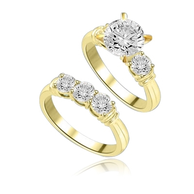 Wedding Ring Set with 2 Ct. Round Brilliant Center and 1.25 Ct. Accent Stones. The Wide Prong is Two Tone to enhance the beauty! 3.25 Cts.T.W. In 14k Gold Vermeil.