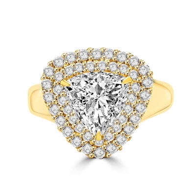 Beautiful designer Ring - Trilliant cut Diamond Essence, 3 ct center set in three prongs setting, surrounded by two rows of Diamond Essence melee. 5.25 cts.t.w.in 14K Gold Vermeil.