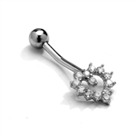 Diamond Essence 14K Solid White Gold Belly Button Ring with 0.35 Ct. Round melee in Heart Setting nd Screw On Gold Ball.