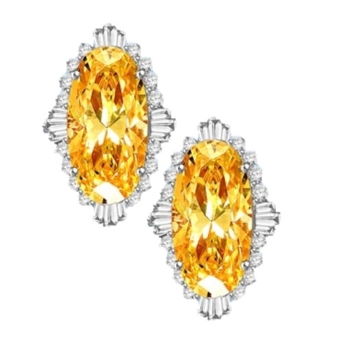 Diamond Essence Earrings in 14k Solid White Gold with Diamond essence 9.0 cts. Canary  stone in the center and encircled by round stones and a large spray of baguettes on all four sides. Wear it with confidence. Appx. 21.0  cts. t.w.