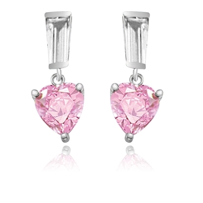 White Gold pink heart stone drop earrings