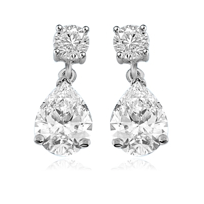 Pear cut and round stone white gold drop earrings