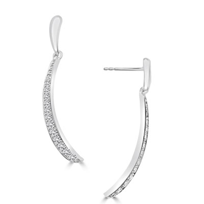 Delicate dangler earrings with round melee stones shining brilliantly in a curved design. 1.5 Cts. T.W. set in 14k Solid White Gold.