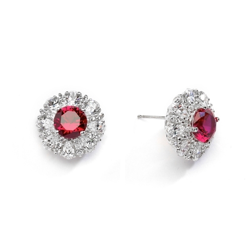 Diamond and Ruby Earring - 2.0 cts. Round Ruby Essence in Center surrounded by Pear Cut Diamond Essence and Melee. 5.5 Cts. T.W. set in 14K Solid White Gold.