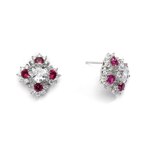 Designer Earrings with Asscher cut Diamond Essence in center surrounded by Floral Designs created with Round Ruby Essence and Melee. 6.0 Cts. T.W. set in 14K Solid White Gold.
