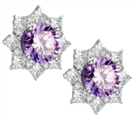 Floral Earrings with 3.50 Cts. each simulated round-cut Lavender center surrounded by melee and princess cut Diamonds by Diamond Essence set in 14K solid white gold. 13.0 Cts.t.w.