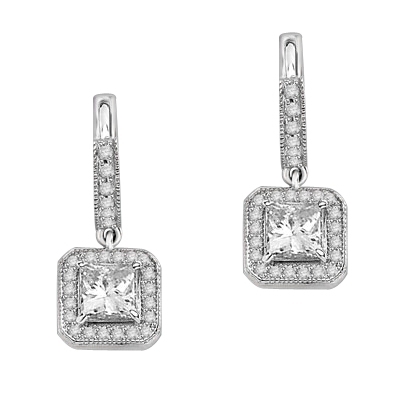 Designer Hoop Earrings with Princess  Diamond Essence centerpiece, surrounded by Round Brilliant Melee. 2.25 Cts. T.W. set in 14K solid White Gold.