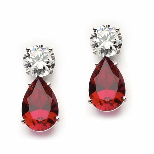 Best Selling Tear Drop Diamond Essence Earrings - White Brilliant Round Stone is 2 Ct and Ruby Essence Pear Stone is 5 Ct. A Brilliant Sparkle of 14 Cts. T.W. for the pair of earrings! In 14k Solid White Gold.