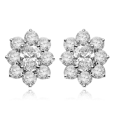 Flower Cluster - Each Earring with 1.0 Cts. Oval Center surrounded by Round Diamond Essence, 4.0 Cts. T.W. set in 14k  Solid White Gold.