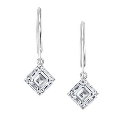 Asscher Cut Leverback  Earrings. 2.0 Ct. T.W. set in 14K Solid White Gold.