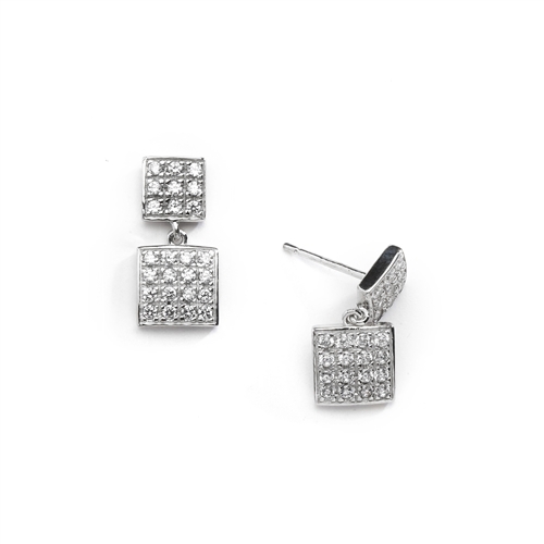 Square double dangle earrings set with round accents on both drops. 1.5 Cts. T.W. set in 14k Solid White Gold.