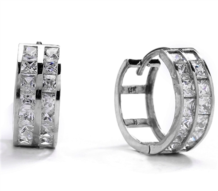 Diamond Essence 14K Solid White Gold Huggies with Two Rows Of Princess Stones, 1.0 Ct. T.W.