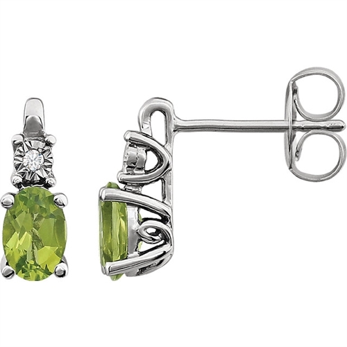 Prong Set Designer Earrings with Peridot Diamond with Round Brilliance on Top by Diamond Essence Set in 14K Solid White Gold