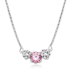 Pink Essence stone accompanied by Diamond Essence stones on each side to make delicate but stunning looking necklace. 14K Solid Gold. 4.0 cts. T.W. on 16 inch White Gold Chain.