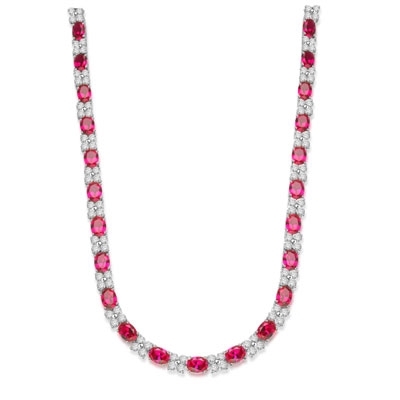 Diamond Essence Designer Necklace with 1.25 cts. Oval cut Ruby Essence and Round Brilliant Diamond Essence Stones. Appx. 72.00 Cts. T.W. set in 14K Solid White Gold.