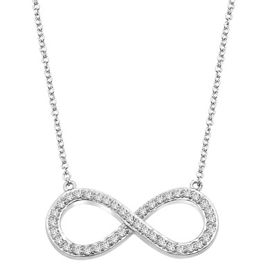 Prong Set Infinity Necklace with Artificial Round Brilliant Melee Diamonds by Diamond Essence set in 14K Solid White Gold
