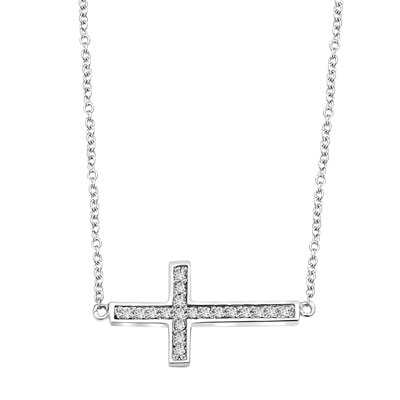 East-West Cross Necklace with 16" long attached chain and 0.25 ct.t.w. Diamond Essence Melee, 14K Solid White Gold.