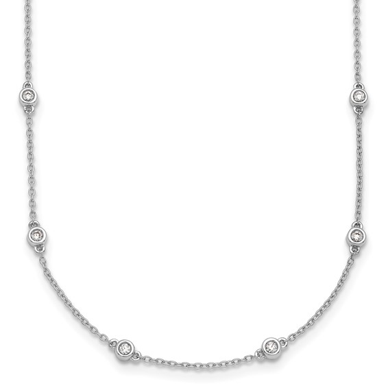 14K white gold bezel set diamond station necklace with 0.405 carat lab grown diamonds on an 18 inch cable chain