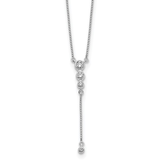 14K white gold bezel set diamond drop necklace with 0.25 carat lab grown diamonds on an 18 inch box chain