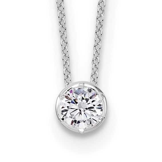 Bezel set solitaire lab-grown diamond pendant necklace in 14K white gold by Diamond Essence