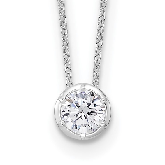 Bezel set solitaire lab-grown diamond pendant necklace in 14K white gold by Diamond Essence