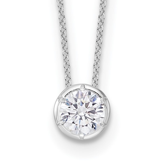 Bezel set solitaire lab-grown diamond pendant necklace in 14K white gold by Diamond Essence