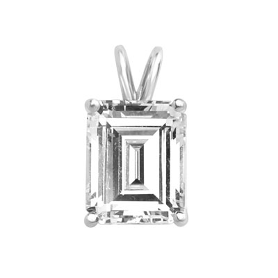 Diamond Essence Emerald cut stone, 1.0 carat, set in 14k Solid White Gold. Chain not included.