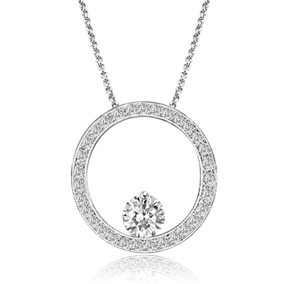 14K Solid White Gold circular Pendant. 0.50 Ct. Round Brilliant Diamond Essence balanced appealingly at the bottom of a circle made of Melee, 1.20 Cts.T.W.
Free Silver Chain Included.