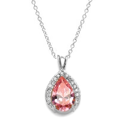 Amazingly designed Pendant with 3.50 Cts. Pear Cut Pink Essence in Center surrounded by Diamond Essence Melee, 4.0 Cts. T.W. in 14K Solid White Gold.
Free Silver Chain Included.