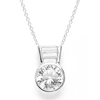 Diamond Essence Slide Pendant with 3.0 ct Round stone and Baguettes, 3.5 ct.tw. in 14K Solid White Gold.
Free Silver Chain Included.