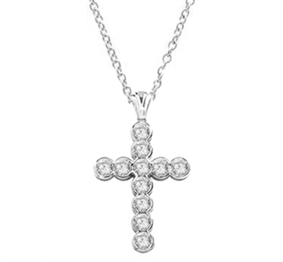 Show your spirit with a heavy, solid cross pendant made with Round Diamond Essence stones 1.5 Cts. each Delightfully Dazzling 2-1/4"H and 1-3/4"W. In 14k Solid White Gold. Chain Not Included.