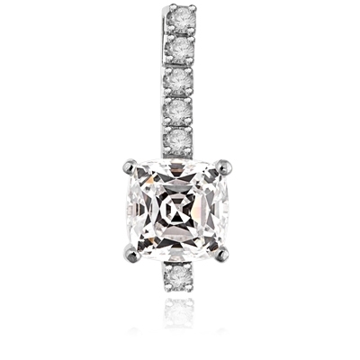 Elegant Pendant with 3.0 Cts. Cushion cut Diamond Essence in four prong setting, with Round Brilliant Stones set on a bar. 4.0 Cts.T.W. in 14K Solid White Gold.