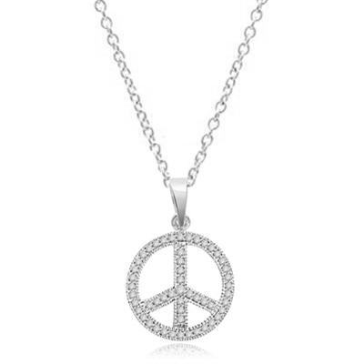 Peace Sign Pendant. Chanel set Round Brilliant Diamond Essence stones sparkling bright and spreading peace everywhere. set in 14K Solid White Gold.
