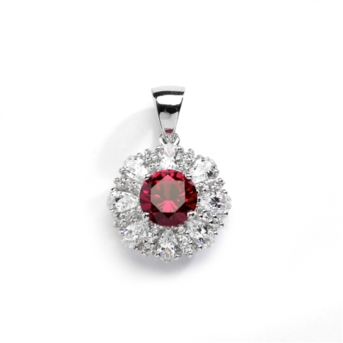 Diamond and Ruby Pendant - 2.0 cts. Round Ruby Essence in center surrounded by Pear Cut Diamond Essence and Melee. 5.5 Cts T.W. set in 14K Solid White Gold.