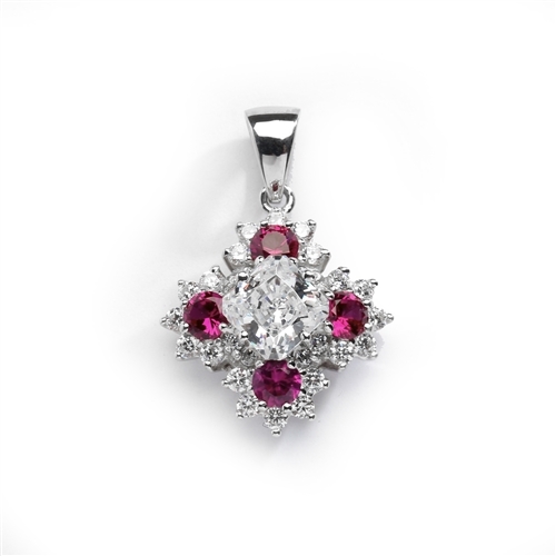 Designer Pendant with Asscher cut Diamond Essence in center surrounded by Floral designs created with Round Ruby Essence and Melee. 6.0 Cts. T.W. set in 14K Solid White Gold.