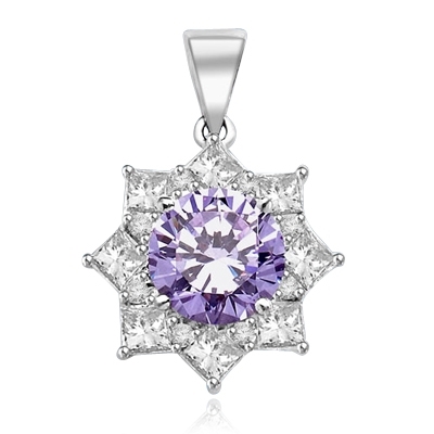 Pendant with 3.5 Cts. Round Lavender Essence in center surrounded by Princess Cut Diamond Essence and Melee. 6.5 Cts. T.W. set in 14K Solid White Gold.