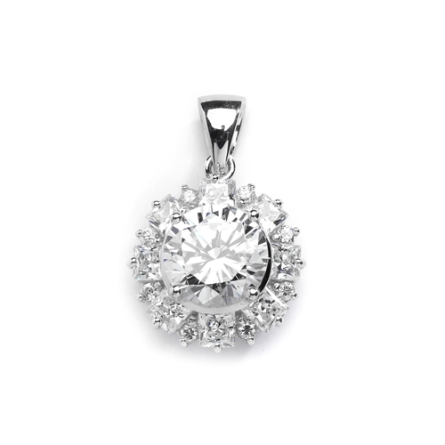 Designer Pendant with 4.0 Cts Round Brilliant Diamond Essence in center surrounded by alternately set in Princess and Melee. 7.25 Cts T.W. in 14K Solid White Gold.