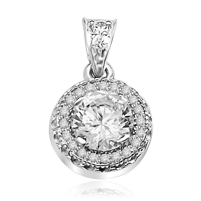 Pendant with Round Brilliant Diamond Essence in Center, surrounded by Melee 1.25 Cts T.W. set in 14K Solid White Gold.