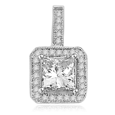 Pretty Princess Cut Diamond Essence centerpiece,surrounded by Round Brilliant Melee in Designer Pendant. 2.0 Cts. T.W. set in 14K solid White Gold.