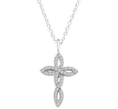 Diamond Essence 1" long Cross Pendant with delicate interwined design, 0.60 ct.t.w. in 14K Solid White Gold.