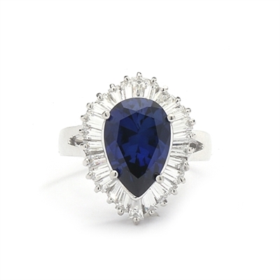 Ballerina Ring- 3.0 Carats Sapphire Essence Pear surrounded by pirouetting smaller jewels. Will have them on their toes-and you calling the tune, 3.8 cts t.w. in 14K Solid White Gold.