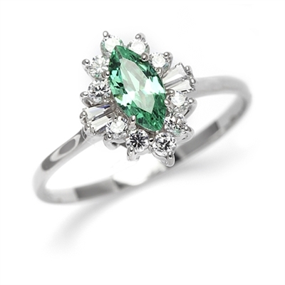 Honeysuckle Rose - 1 Ct. Marquise Cut Emerald Essence Center stone with Baguettes and Round Accent Masterpieces. 1.3 Cts. T.W. set in 14K Solid White Gold.