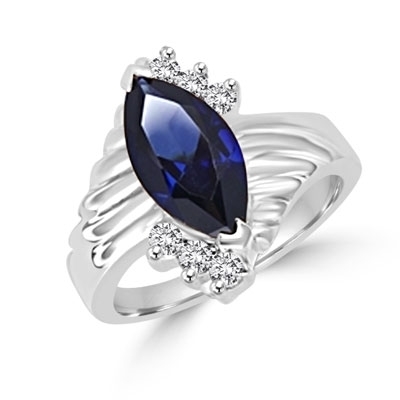 Blue Moon- A must have Ring, 2 Ct. Marquise cut Sapphire Essence Center Stone and 0.30 Diamond Essence Accents. 2.30 Cts. T.W. set in 14K Solid White Gold.