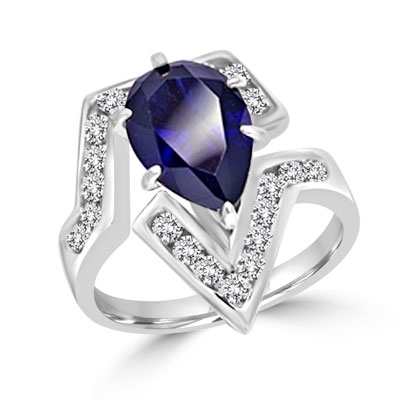 Lulu - Move Forward with this superb Ring, 2.0 carat pear cut Sapphire Essence Center Stone and Melee Accents. 3.0 Cts. T.W. set in 14K Solid White Gold.